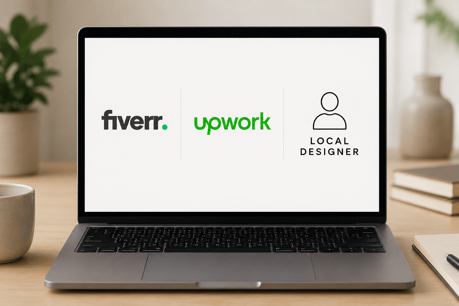 Computer with five, upwork, or local designer icons on screen